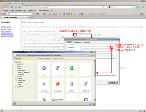 TinyMCEにCKFinderを実装した様子